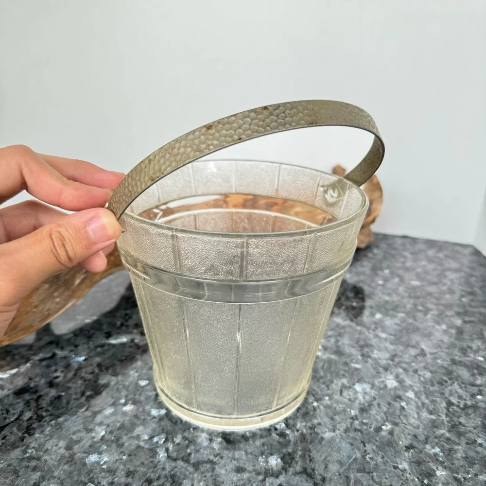VTG Frosted Glass Wooden Pail Design Ice Bucket With Hammered Metal Swing Handle